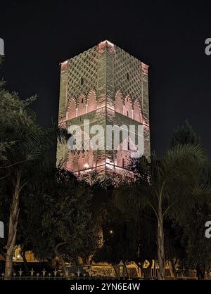 Iconic Hassan tower in the center of Rabat at night in Morocco Stock Photo
