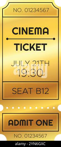 Golden cinema ticket for a movie showing on july 21th at 19,30, seat b12, admitting one person, with ticket number 01234567 Stock Vector
