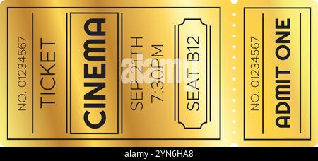 Golden cinema ticket for seat b12 admitting one person to the movie theater on september 21th at 7,30 pm, offering access to entertainment and Stock Vector