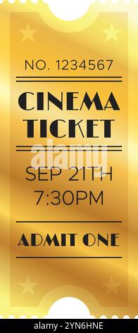 Golden cinema ticket for a movie or film screening on september 21th at 7,30 pm, admitting one person, offering a nostalgic and luxurious experience Stock Vector