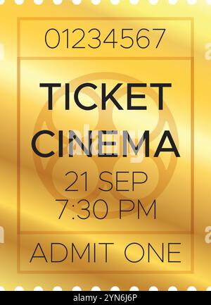 Golden cinema ticket for a movie screening on september 21st at 7,30 pm, featuring a film reel design and the text admit one Stock Vector