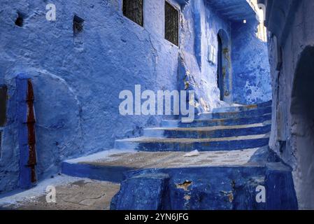 Vibrant blue colored alley in downtown Chefchaouen, Morocco, Africa Stock Photo