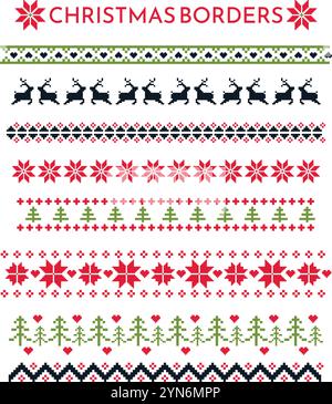 Set of simple Christmas themed seamless borders, divider graphics in pixel knit style including holly border, deer pattern, Christmas trees and hearts Stock Vector