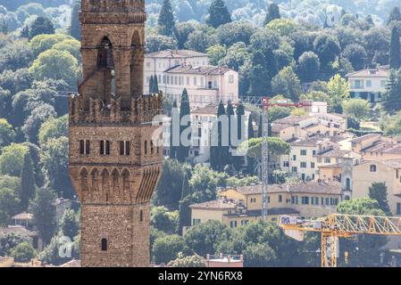 Aerial view of the steeple of Palazzo Vecchio in Florence, Italy, Europe Stock Photo