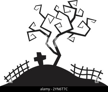 Creepy tree growing on a small hill with a tombstone and a wooden fence silhouette, creating a spooky scenery perfect for halloween projects Stock Vector