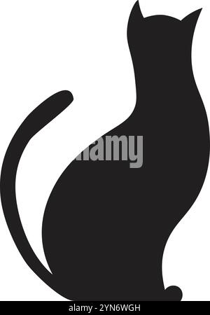 Minimalist vector illustration featuring a solid black silhouette of a cat sitting with its tail raised and its head tilted upwards, conveying Stock Vector