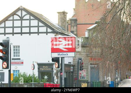 Railway station sign in Matlock, Derbyshire, UK Stock Photo