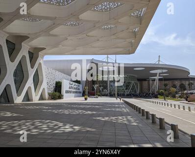 MARRAKECH, MOROCCO, APRIL 22, 2023, Modern architecture in Arabian style at the Marrakech Menara Airport, Morocco, Africa Stock Photo