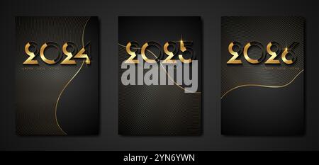 Set black card of New year 2024, 2025, 2026 in gold foil modern numbers. Decorative greeting cards happy new year. Luxury Creative Christmas banners, Stock Vector