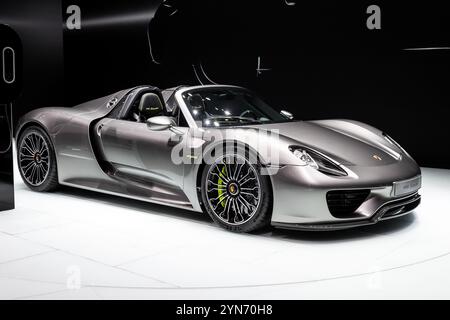 Porsche 918 Spyder plug-in hybrid sports car at the IAA Motor Show. Frankfurt, Germany - Sep 13, 2013 Stock Photo