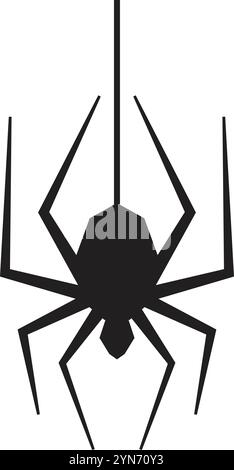 Spider silhouette hanging upside down on its string, perfect for halloween projects, horror concepts or illustrations about insects and arachnids Stock Vector