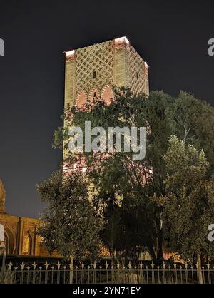 Iconic Hassan tower in the center of Rabat at night in Morocco Stock Photo