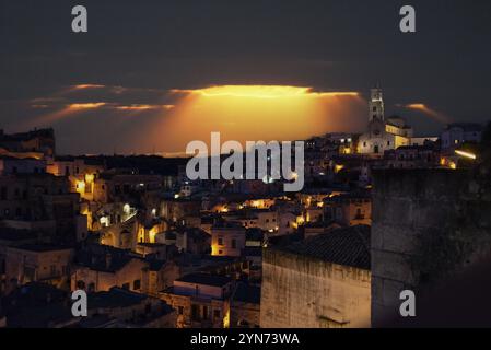 Scenic skyline of Sassi di Matera at night, Italy, Europe Stock Photo