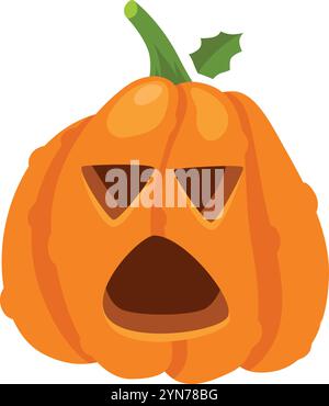 Carved pumpkin with triangular eyes and wide open mouth showing a frightened expression, with green stem and leaf, isolated on white background for Stock Vector