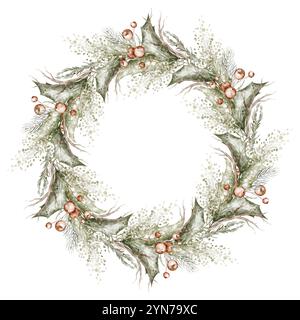 Christmas watercolor wreath with Holly berries and leaves Stock Photo