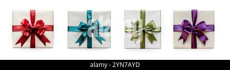 Overhead Directly Above Four White Wrapped Gift Boxes with Red, Teal, Green and Purple Silk Bow and Ribbon. Transparent PNG. Stock Photo