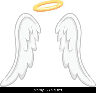 Cartoon illustration of white feathered angel wings with golden halo hovering above, representing purity, spirituality, and divine presence Stock Vector