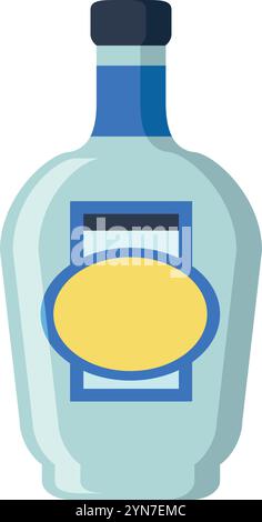 Light blue glass bottle containing liquor, featuring a generic yellow and blue label and sealed with a dark blue cap, presented against a white Stock Vector