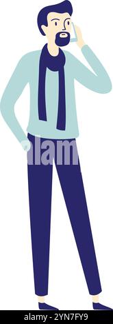 Full length illustration of a bearded man wearing a scarf, standing with one hand in his pocket and the other holding a phone to his ear, engaged in a Stock Vector