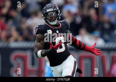 Houston, Texas on Sunday, November 24, 2024. Houston Texans linebacker Azeez Al-Shaair (0) celebrates after sacking Tennessee Titans quarterback Will Levis (8) during the second quarter at NRG Stadium in Houston, Texas on Sunday, November 24, 2024. Photo by Kevin M. Cox/UPI Credit: UPI/Alamy Live News Stock Photo