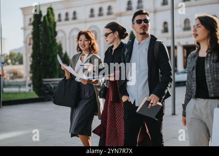 Diverse business team discussing ideas and analyzing statistics outdoors Stock Photo