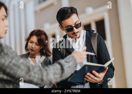 Multicultural team discussing business growth and analyzing statistics outdoors Stock Photo