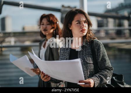 Multicultural business team analyzing documents outdoors Stock Photo