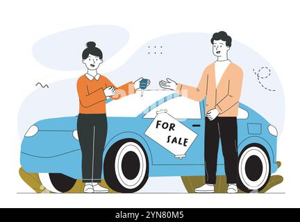 Car for sale. Auto dealer give keys to buyer. Automobile and transport, vehicle. Contract, deal and agreement. Woman give keys to man. Linear vector Stock Vector