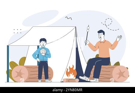 Father and son camping. Man with marshmallow and boy with ball sitting near tent and campfire. Hiking and camping, active lifestyle. Linear vector Stock Vector