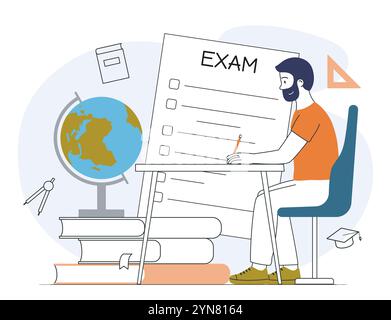 Man pass exam. Young guy sits at table and writes correct answers. Examination and test. Education and training, student doing homework. Linear vector Stock Vector