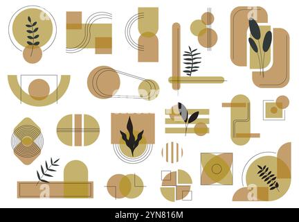 Geometric leaves set. Fresh summer foliage. Plants and flowers in bauhaus and swiss style. Minimalist creativity and art. Linear vector collection Stock Vector