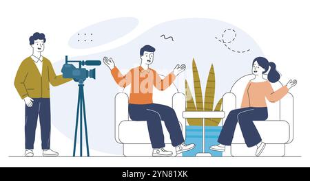 People at tv show. Man with camera films conversation between host and guest. Content for television. Entertainment, fun and leisure. Linear vector Stock Vector