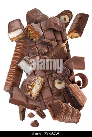 Different chocolate products in air on white background Stock Photo