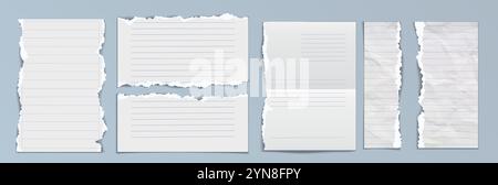Crumpled and torn paper sheets set isolated on background. Vector realistic illustration blank notebook pages with uneven ripped edges, damaged wrinkled piece of document or letter, worn notepaper Stock Vector