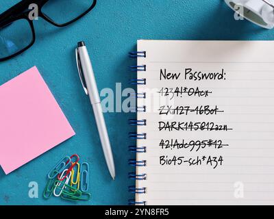 Changing password or password renewal. Notebook showing new passwords with office supplies on blue desk, enhancing online security Stock Photo