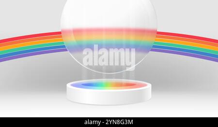 Minimalist podium with rainbow stripes. White circular platform with colorful pride bands and floating glass transparent circle. Stage for LGBTQ themed presentations or inclusive brand showcases. Stock Vector