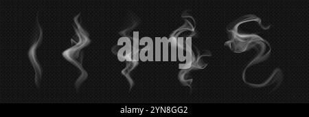 White realistic smoke elements flowing on dark background. Translucent curving steam shapes with mystical effect. cigarette or hot food and drink vapor, hookah cloud overlays design elements. Stock Vector