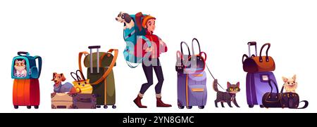 Pet travel equipment set with cat carriers, luggage bags, suitcases, woman carrying dog in backpack. Companion animals - puppy, black feline, ginger kitten, dachshund with transportation for trip. Stock Vector