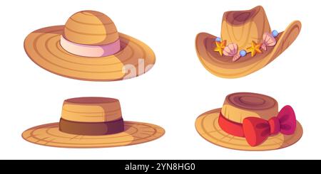 Summer straw hats collection in different styles. Wide brimmed sunhat with pink band, cowboy model decorated with shells and stars, classic farmer hat with brown ribbon, elegant accessory with red bow Stock Vector