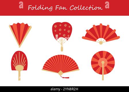 folding fan collection in different poses. Vector illustration. Stock Vector