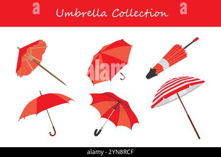 umbrella collection in different poses. Vector illustration. Stock Vector