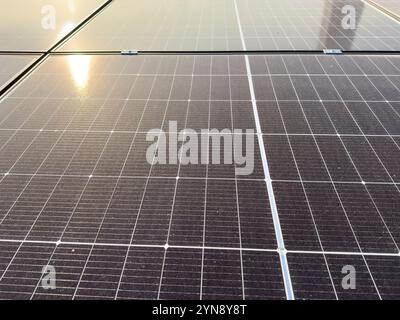 Close-Up View of Modern Solar Panels Reflecting Sunlight Stock Photo