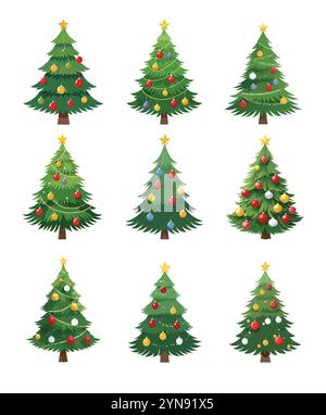 Vector Christmas Trees with Festive Decorations and Ornaments for Holiday Season Stock Vector