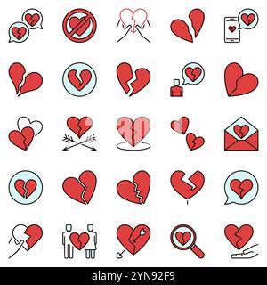 Heartbreak colored icons set - vector Broken Heart and divorce concept creative symbols collection Stock Vector