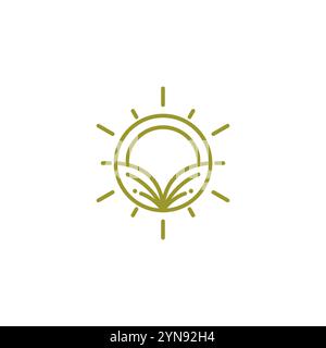 sun and leaves line logo design. Nature Simple Line Style Logo. Sunrise, Ground, and Plant Stock Vector