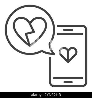 Smartphone with Broken Heart in Speech Bubble vector concept outline icon or symbol Stock Vector