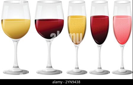 Five wine glasses with different beverages Stock Vector