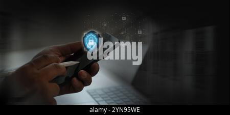 data security businessman using online computer password privacy data security on display at office Stock Photo