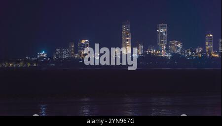 Mumbai, India. Evening City Skyline From Marine Drive Time , Time , Time- . Night City Life. Back Bay Coast Of Mumbai City. Skyscrapers In Night Stock Photo