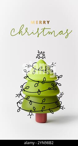 3d render of a minimalist green line art christmas tree floating above ...